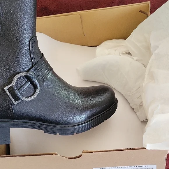 Clarks Black Mid-Calf Heeled Boot with Buckle Accent - Picture 3 of 8